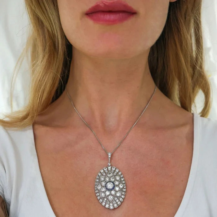 Art Deco Old Cut Diamond and Sapphire Oval Pendant in Platinum