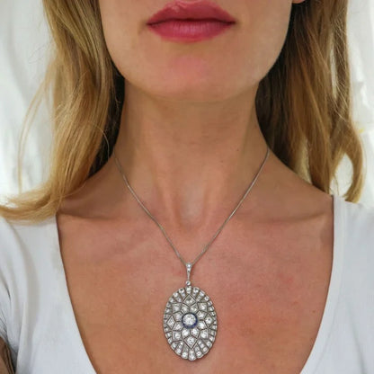 Art Deco Old Cut Diamond and Sapphire Oval Pendant in Platinum