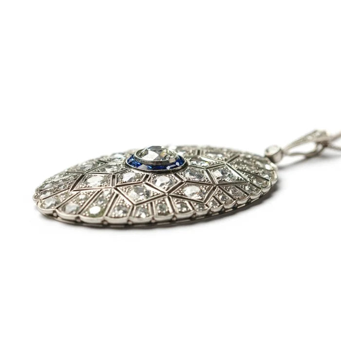 Art Deco Old Cut Diamond and Sapphire Oval Pendant in Platinum