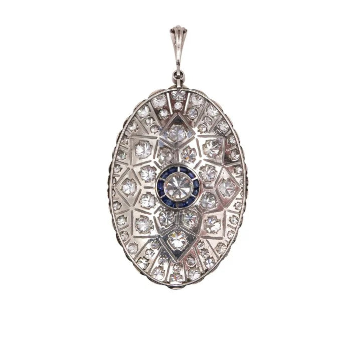 Art Deco Old Cut Diamond and Sapphire Oval Pendant in Platinum