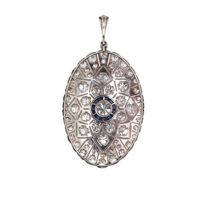 Art Deco Old Cut Diamond and Sapphire Oval Pendant in Platinum