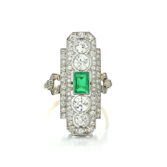 Art Deco Emerald and Diamond Plaque Ring, Platinum and 18ct Gold