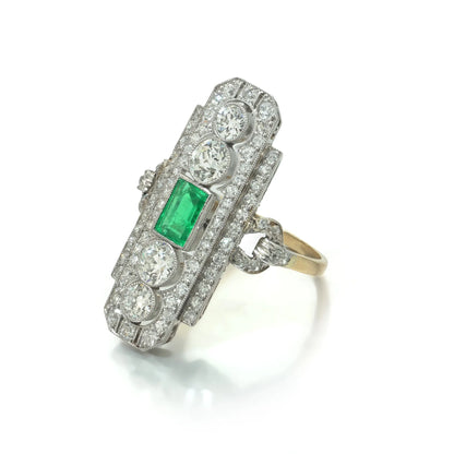 Art Deco Emerald and Diamond Plaque Ring, Platinum and 18ct Gold