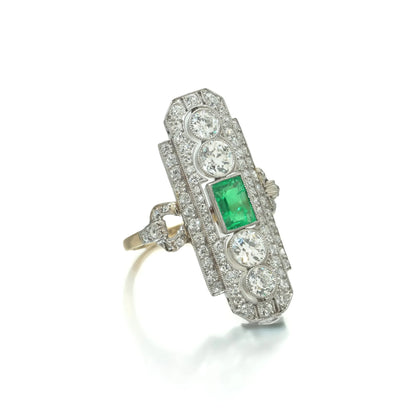 Art Deco Emerald and Diamond Plaque Ring, Platinum and 18ct Gold