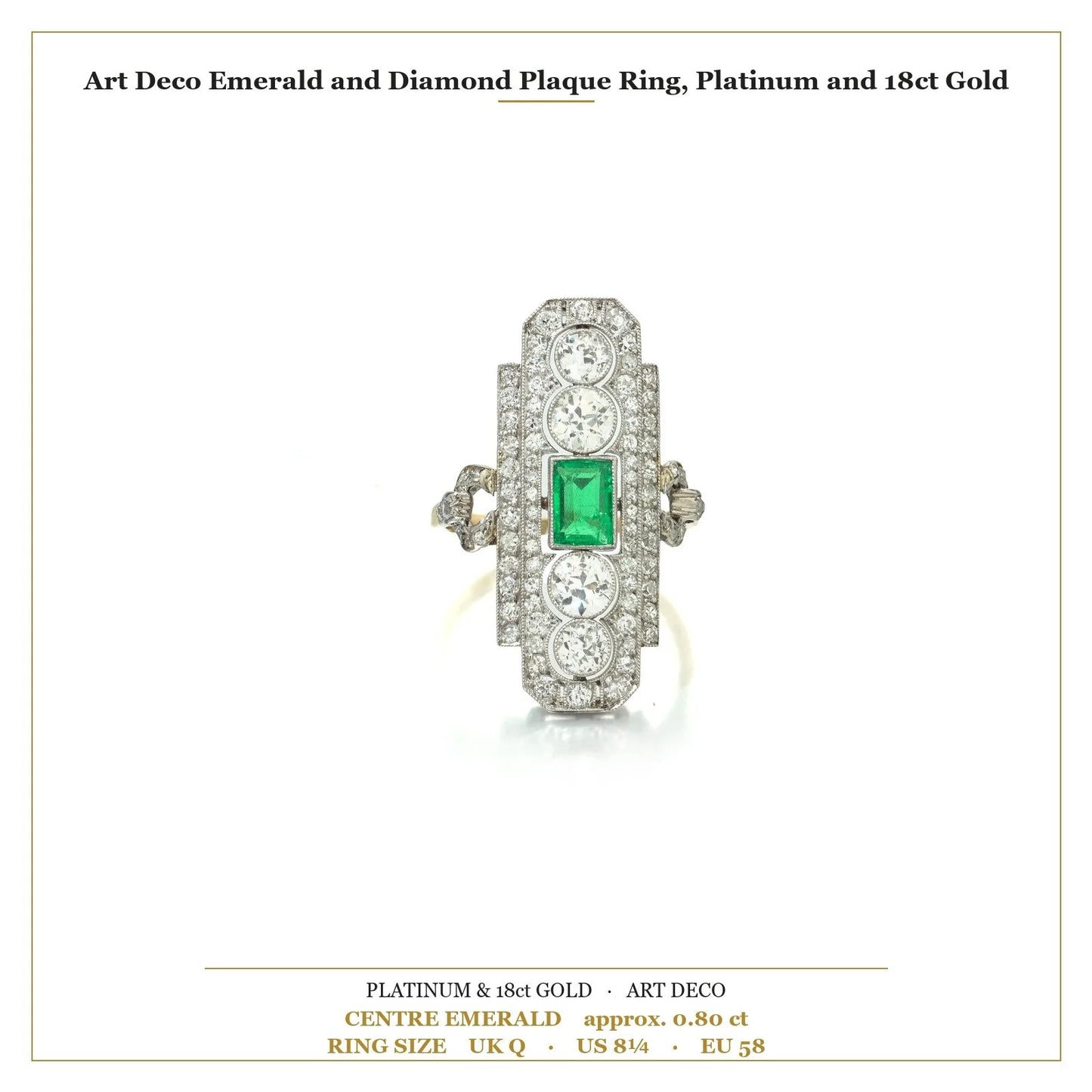 Art Deco Emerald and Diamond Plaque Ring, Platinum and 18ct Gold