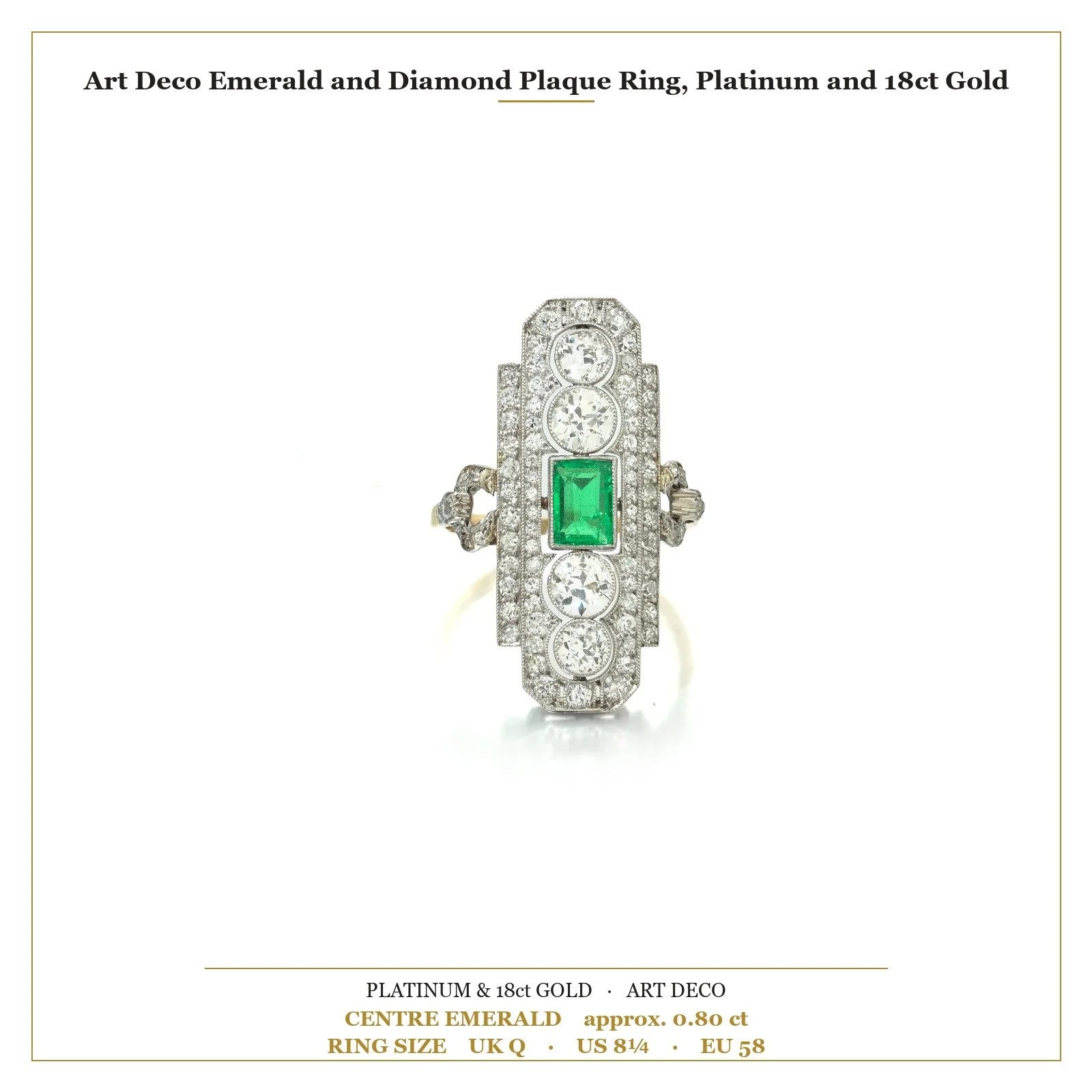 Art Deco Emerald and Diamond Plaque Ring, Platinum and 18ct Gold
