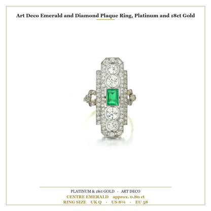 Art Deco Emerald and Diamond Plaque Ring, Platinum and 18ct Gold