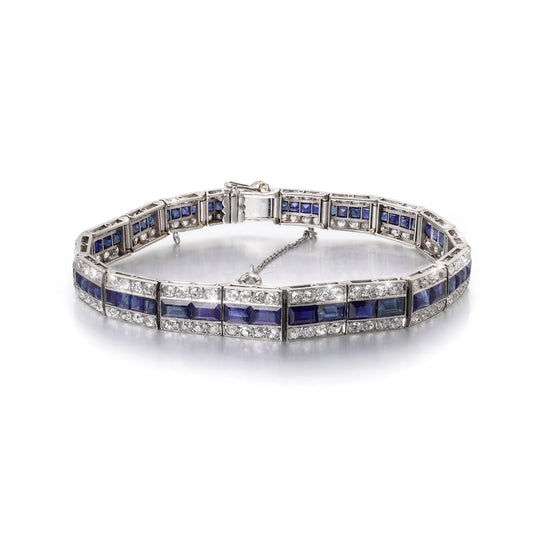 Art Deco Platinum Calibre-Cut Sapphire and Diamond Bracelet