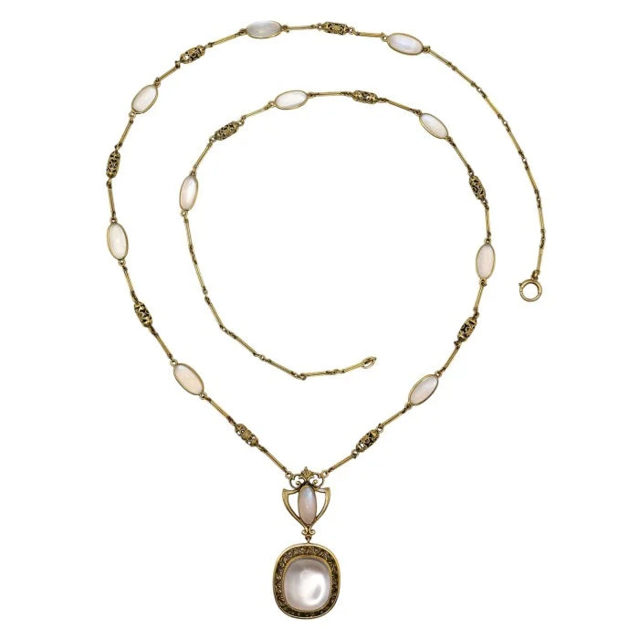 Art Nouveau Antique Moonstone and Gold Pendant Necklace, Circa 1890