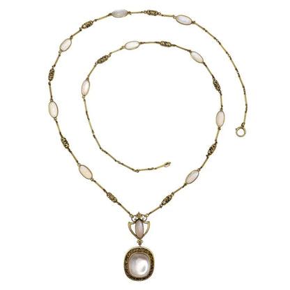 Art Nouveau Antique Moonstone and Gold Pendant Necklace, Circa 1890