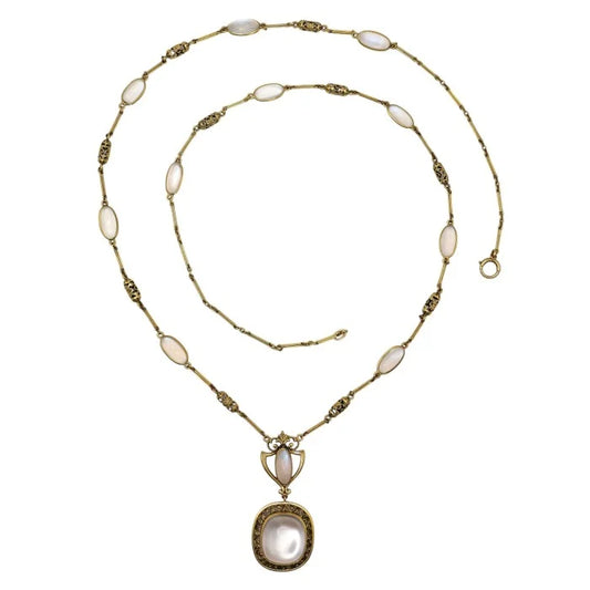 Art Nouveau Antique Moonstone and Gold Pendant Necklace, Circa 1890