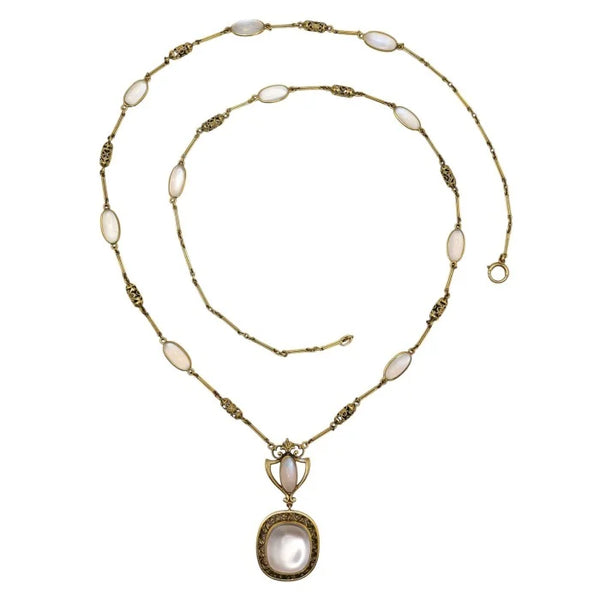 Art Nouveau Antique Moonstone and Gold Pendant Necklace, Circa 1890