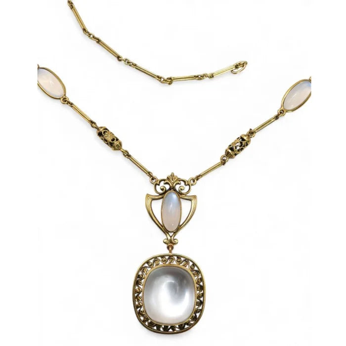 Art Nouveau Antique Moonstone and Gold Pendant Necklace, Circa 1890
