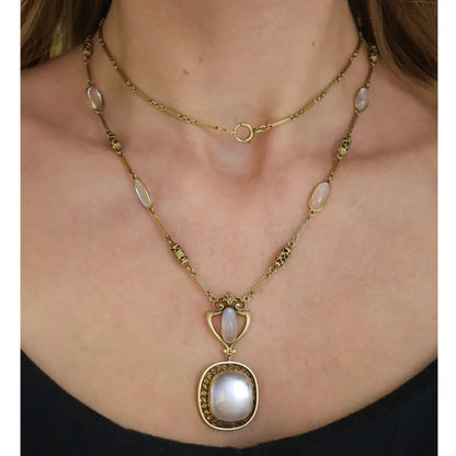 Art Nouveau Antique Moonstone and Gold Pendant Necklace, Circa 1890