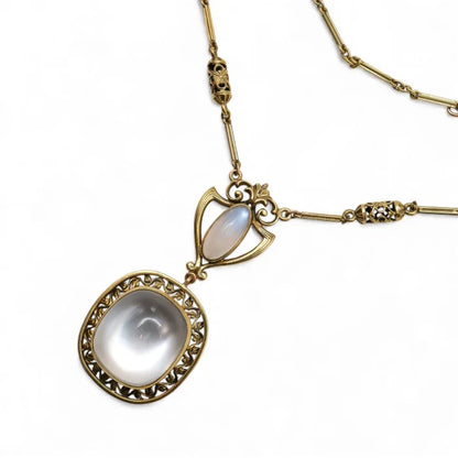 Art Nouveau Antique Moonstone and Gold Pendant Necklace, Circa 1890