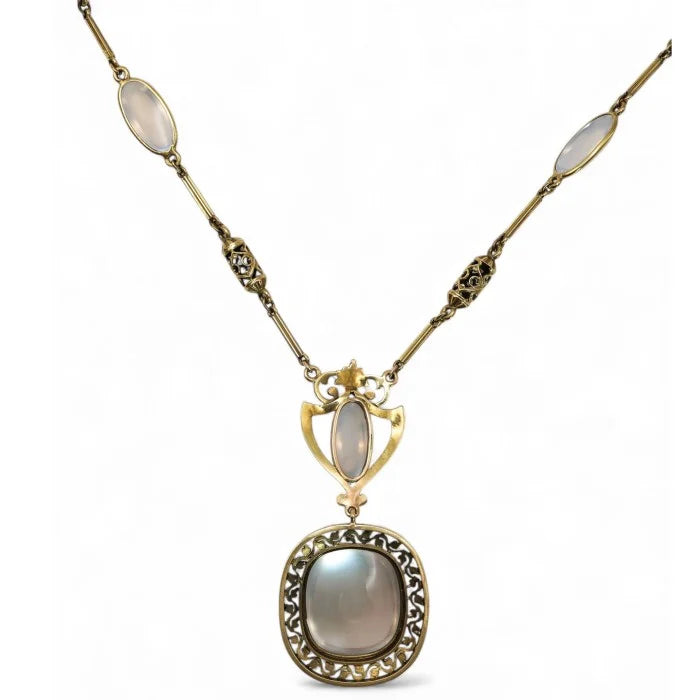 Art Nouveau Antique Moonstone and Gold Pendant Necklace, Circa 1890
