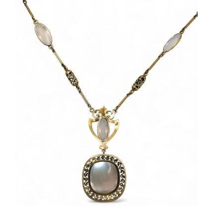 Art Nouveau Antique Moonstone and Gold Pendant Necklace, Circa 1890