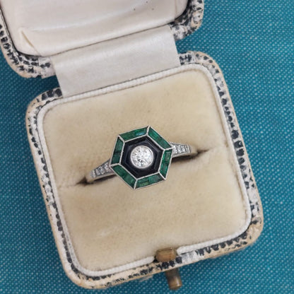 Vintage Emerald Diamond and Onyx Target Ring, Platinum