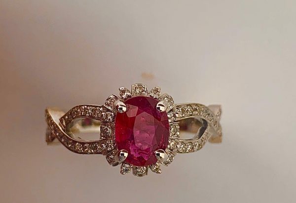 1.11ct No Heat Burma Ruby and Diamond Engagement Ring, 18ct White Gold