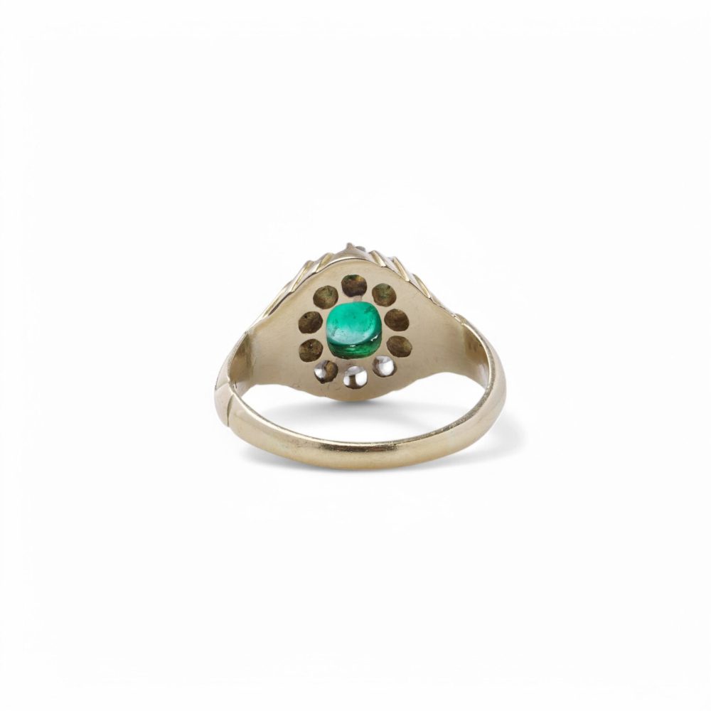 Emerald And Old Cut Diamond Cluster Ring In 14 Carat Yellow Gold