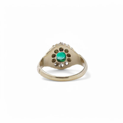 Emerald And Old Cut Diamond Cluster Ring In 14 Carat Yellow Gold