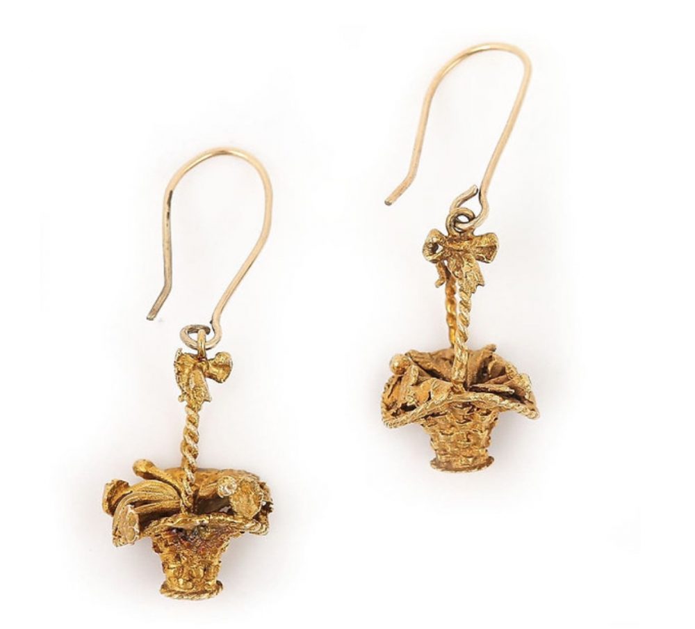 Vintage Gold Basket and Flowers Drop Earrings