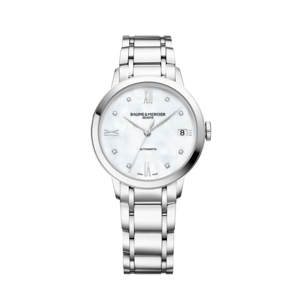 Baume et Mercier Classima Diamond-Set Ladies Automatic Watch 10496 in stainless steel with mother of pearl diamond set dial and date window