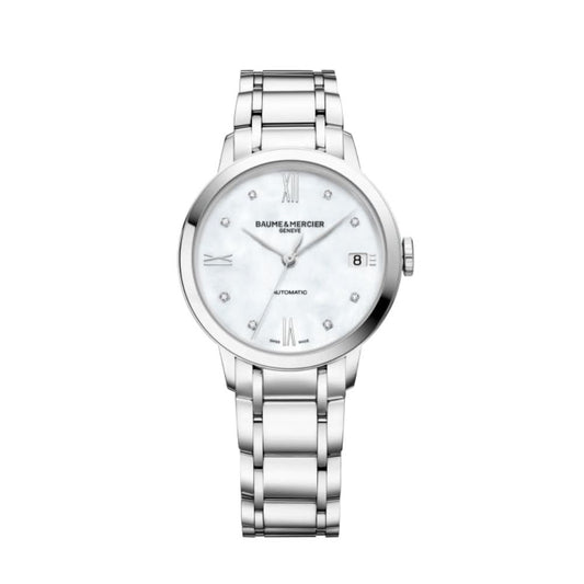 Baume et Mercier Classima Diamond-Set Ladies Automatic Watch 10496 in stainless steel with mother of pearl diamond set dial and date window