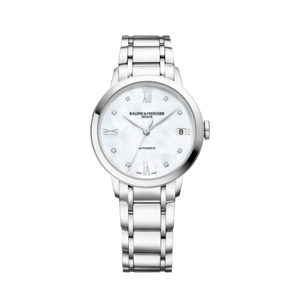 Baume et Mercier Classima Diamond-Set Ladies Automatic Watch 10496 in stainless steel with mother of pearl diamond set dial and date window