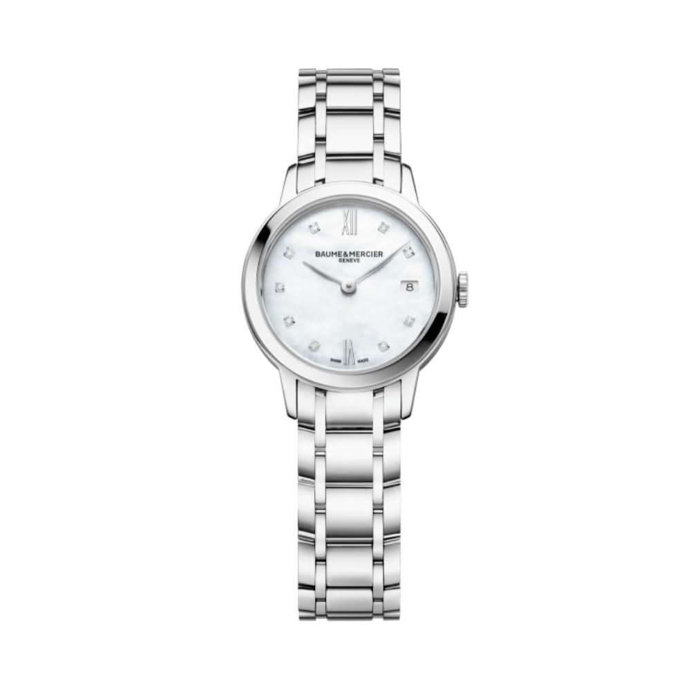 Baume et Mercier Classima Diamond-Set Ladies Quartz Watch 10490 in stainless steel with a mother of pearl dial
