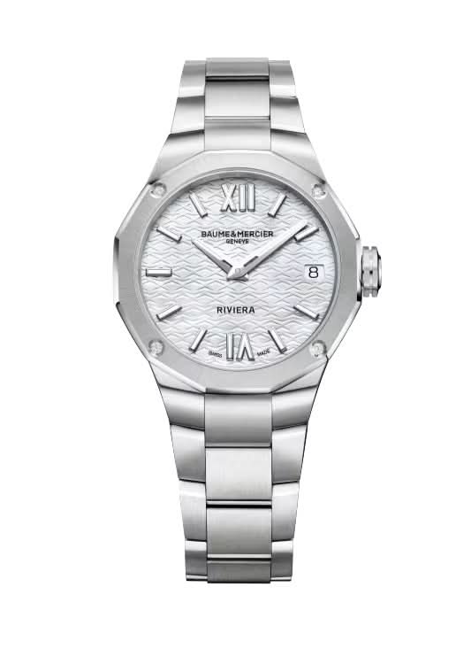 Baume et Mercier Riviera Steel Mother of Pearl Ladies Quartz Watch with date window 10729