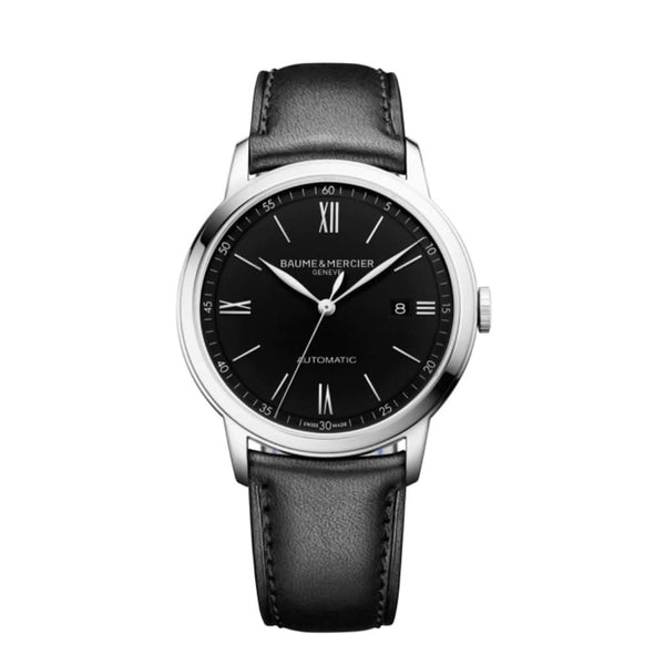Baume et Mercier Classima Automatic Watch 10453 in stainless steel with a black dial and black leather strap