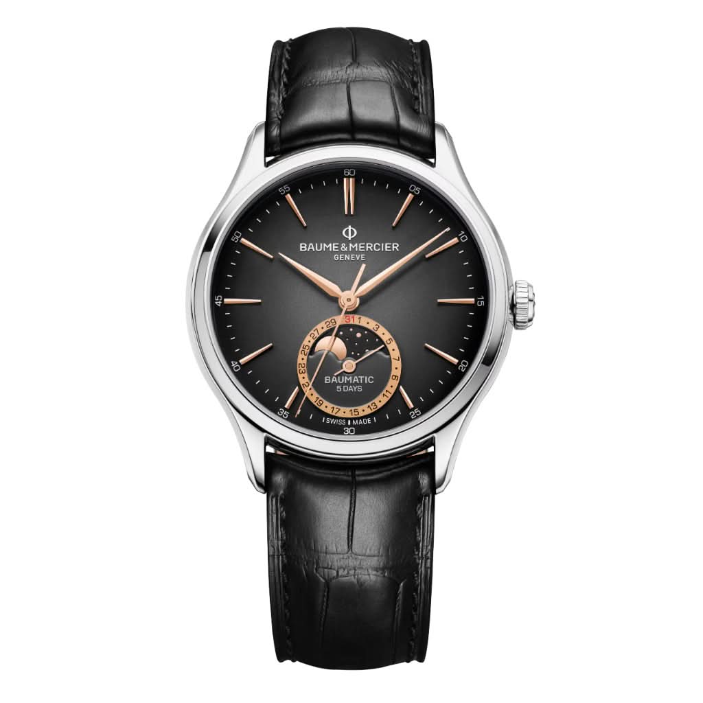 Baume et Mercier Clifton Automatic MoonPhase Date Stainless Steel Watch with Black Leather Strap 10758
