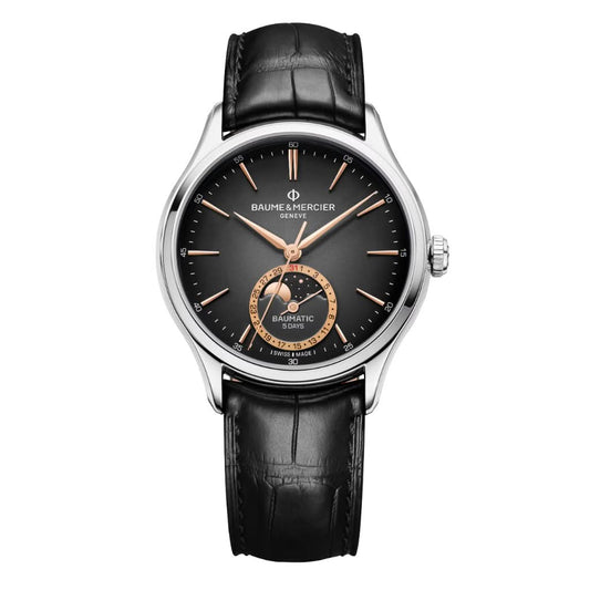 Baume et Mercier Clifton Automatic MoonPhase Date Stainless Steel Watch with Black Leather Strap 10758
