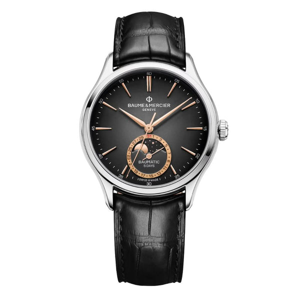 Baume et Mercier Clifton Automatic MoonPhase Date Stainless Steel Watch with Black Leather Strap 10758