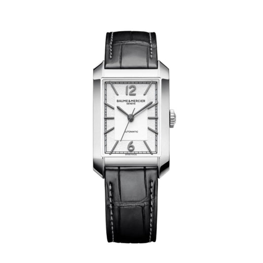 Baume et Mercier Hampton Automatic Watch 10522 in stainless steel with a black leather strap and silver dial