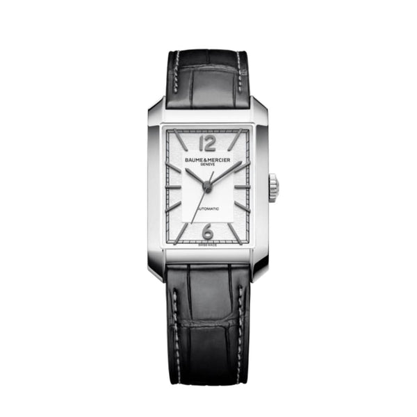 Baume et Mercier Hampton Automatic Watch 10522 in stainless steel with a black leather strap and silver dial