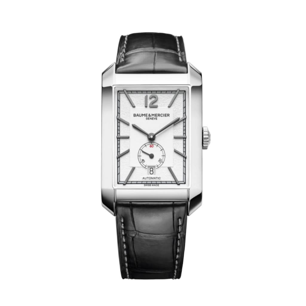 Baume et Mercier Hampton Automatic Watch 10528 in stainless steel with white dial and black leather strap