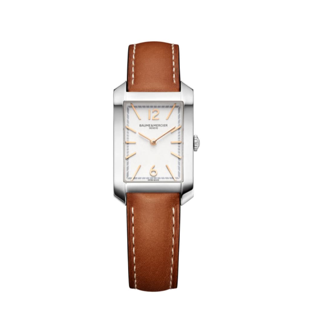 Baume et Mercier Hampton Quartz Ladies Watch 10472 in stainless steel with a brown leather strap and silver dial