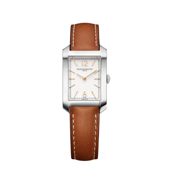 Baume et Mercier Hampton Quartz Ladies Watch 10472 in stainless steel with a brown leather strap and silver dial