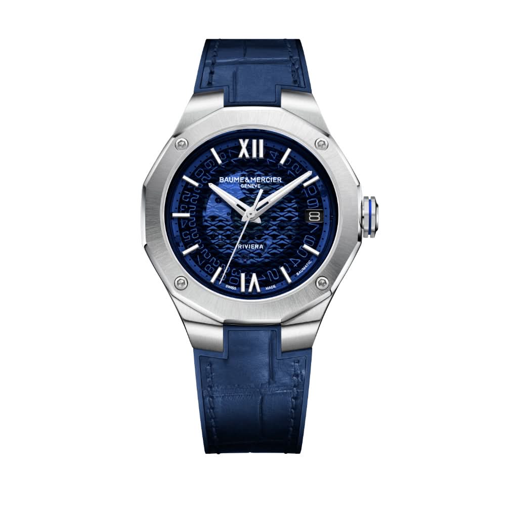 Baume et Mercier Riviera Automatic Stainless Steel Watch with Blue Dial and Blue Leather Strap 10714