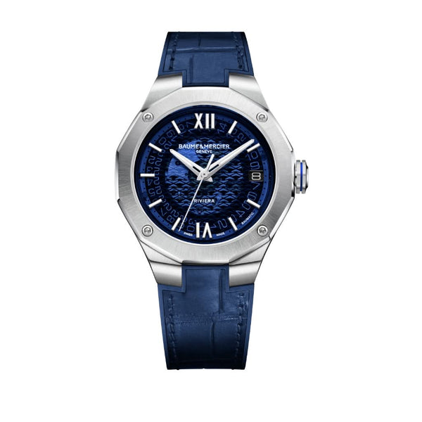 Baume et Mercier Riviera Automatic Stainless Steel Watch with Blue Dial and Blue Leather Strap 10714