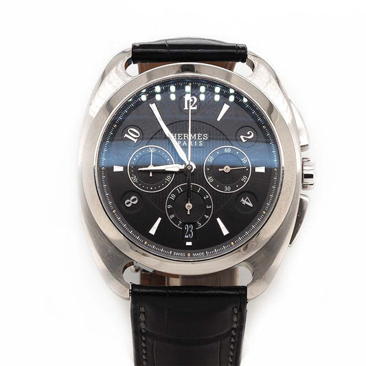 Hermes stainless steel watch with black dial on black leather strap