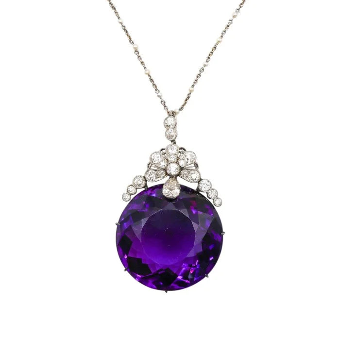 Belle Epoque Antique Amethyst and Diamond Pendant on Pearl and Platinum Chain Necklace