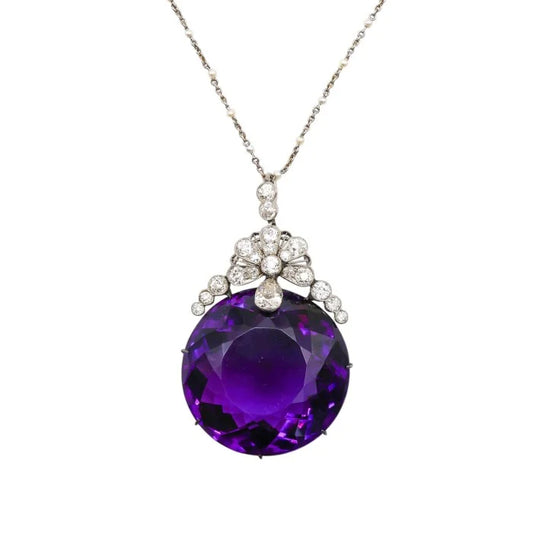 Belle Epoque Antique Amethyst and Diamond Pendant on Pearl and Platinum Chain Necklace