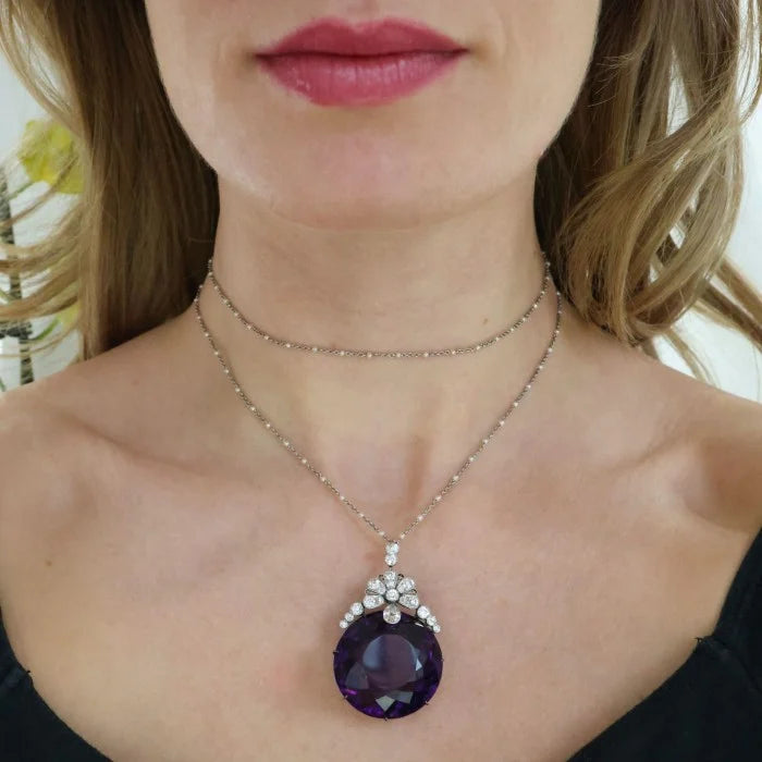 Belle Epoque Antique Amethyst and Diamond Pendant on Pearl and Platinum Chain Necklace