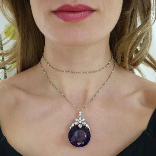Belle Epoque Antique Amethyst and Diamond Pendant on Pearl and Platinum Chain Necklace
