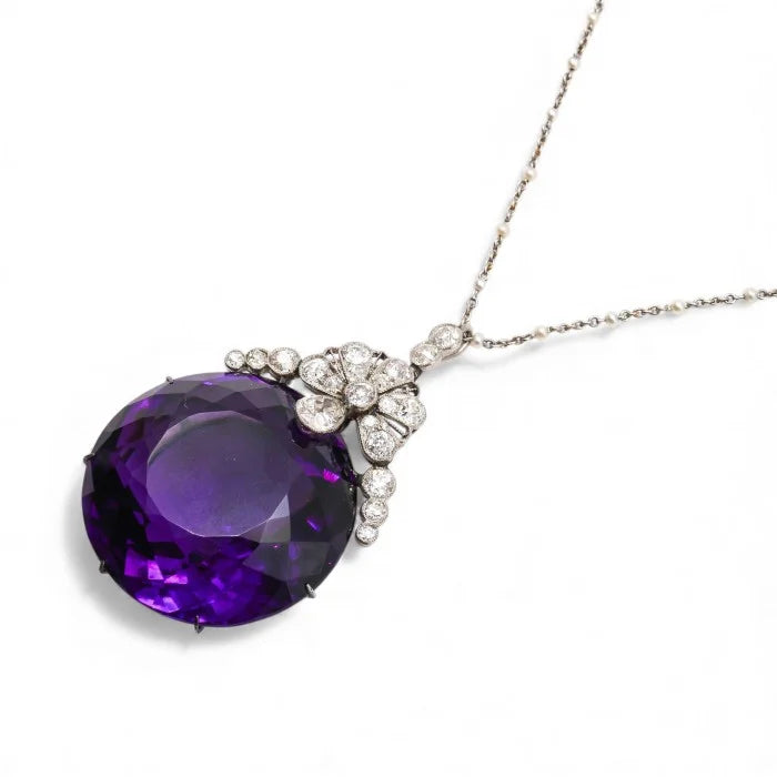 Belle Epoque Antique Amethyst and Diamond Pendant on Natural Pearl and Platinum Chain Necklace