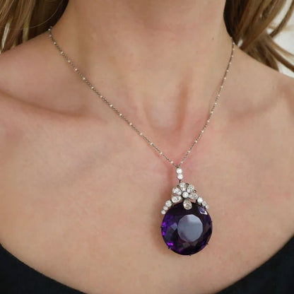 Belle Epoque Antique Amethyst and Diamond Pendant on Natural Pearl and Platinum Chain Necklace