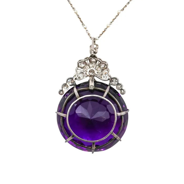Belle Epoque Antique Amethyst and Diamond Pendant on Natural Pearl and Platinum Chain Necklace
